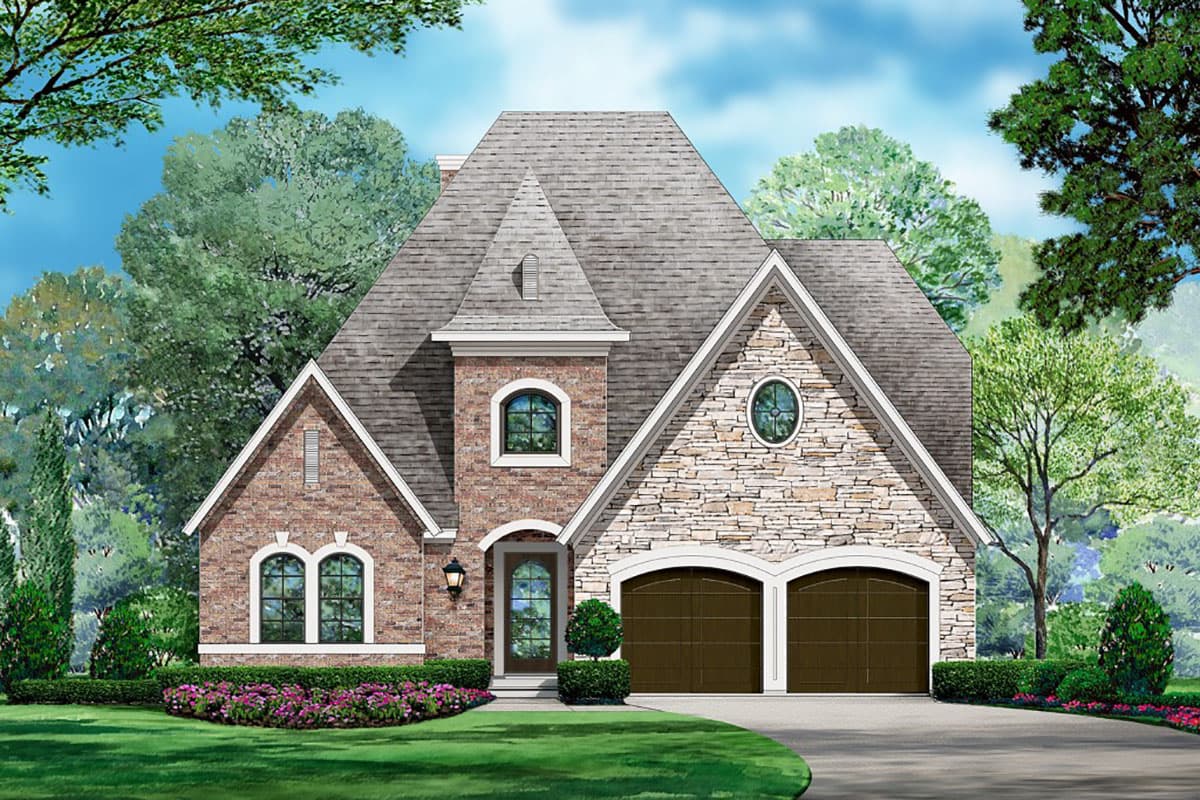 House plan exterior featuring a two-story design with a stone and brick facade, gabled rooflines, arched garage doors, and dormer detail.