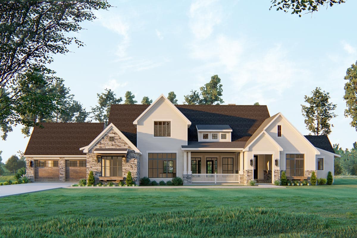 Two-story house plan exterior with farmhouse style. Features include a front porch, multiple gables, stone accents, and an attached garage.