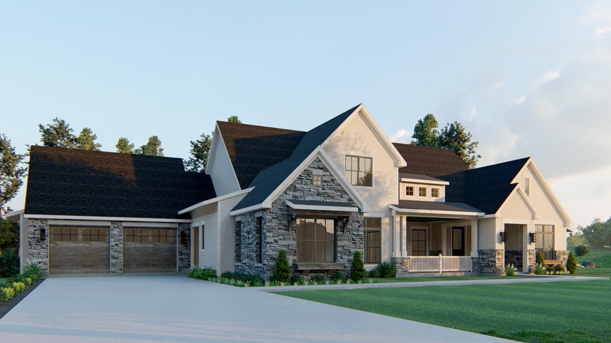 House plan exterior: Modern Farmhouse style with stone accents, a covered porch, and a three-car garage.