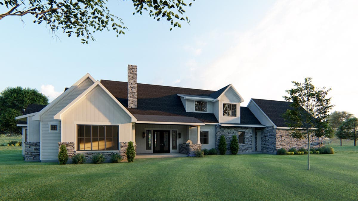 House plan exterior: Modern Farmhouse style, two stories, stone accents, prominent gables, and a covered front porch.