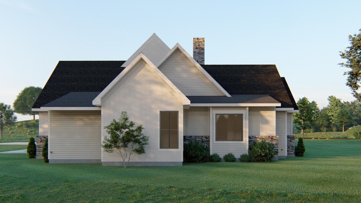 House plan exterior: Modern Farmhouse style, multiple gables, stone accents on foundation and chimney, board and batten siding.