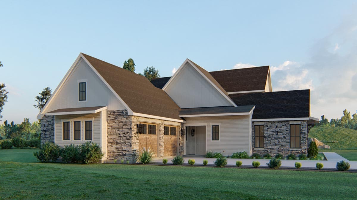 House plan exterior: Modern Farmhouse style, one story, stone accents, gables, and double garage with rustic doors.