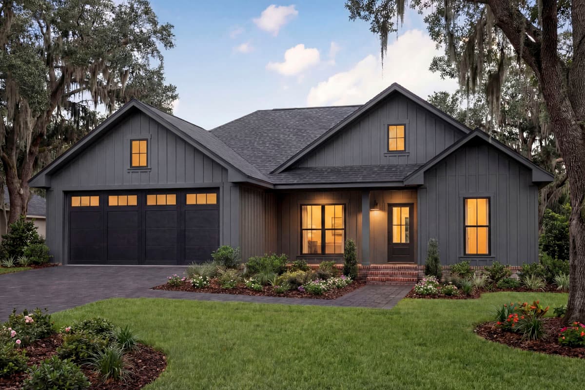House plan exterior. Modern Farmhouse style with board-and-batten siding, multiple gables, and a front-facing garage with carriage-style doors.