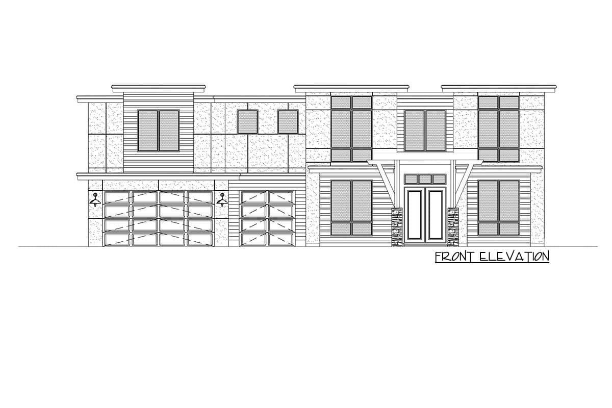 Front elevation drawing of a two-story modern house with a triple garage, large windows, and a prominent entryway.