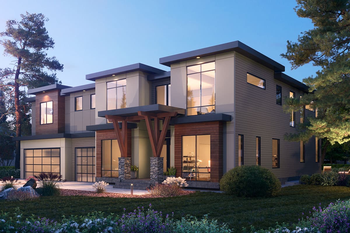 Modern house plan exterior with two stories, flat rooflines, large windows, wood accents, and a two-car garage.
