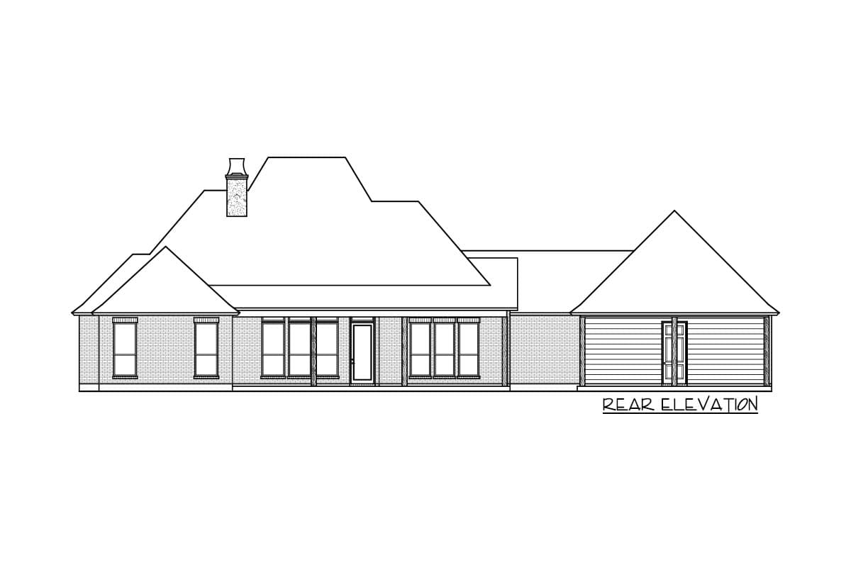 Rear elevation drawing of a one-story house with a brick facade, numerous windows, and a detached garage.