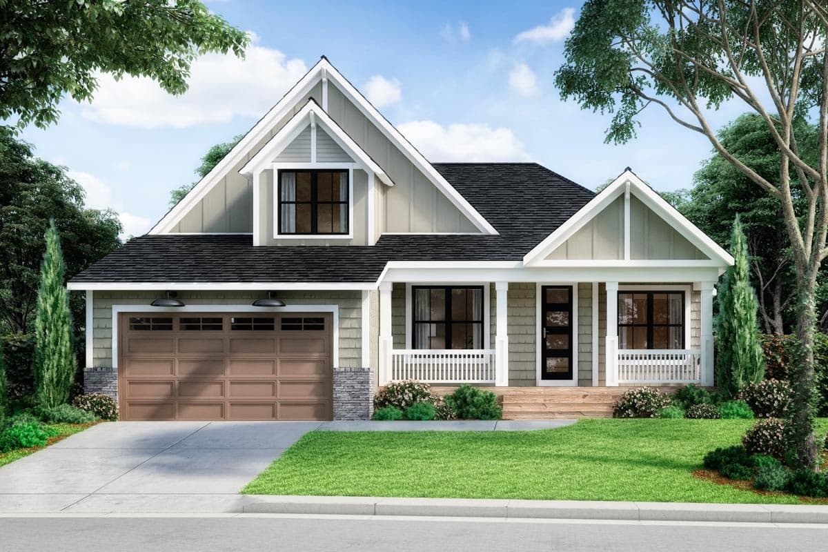 House plan exterior: Craftsman style, single story home with a front-facing garage, gabled roof, and covered porch with decorative railing.