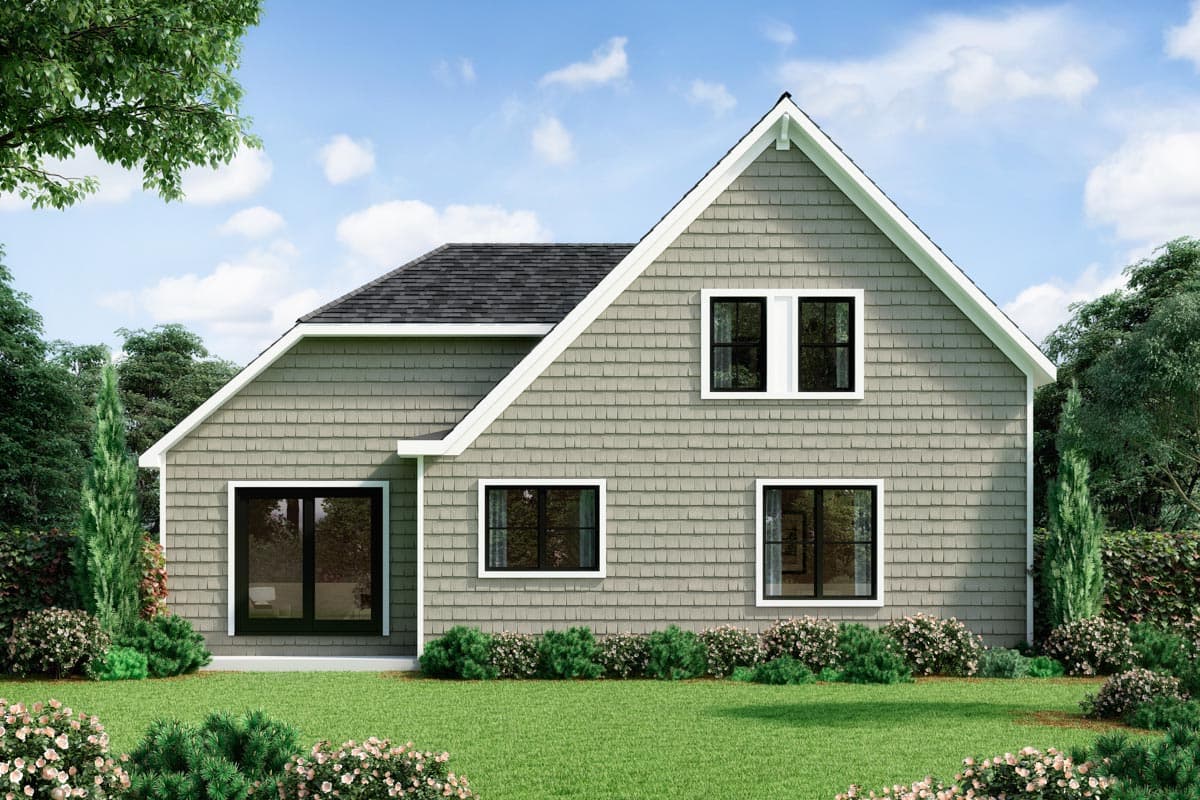 House plan exterior: Two-story modern home with shingle siding, gable roof, and dark-framed windows.
