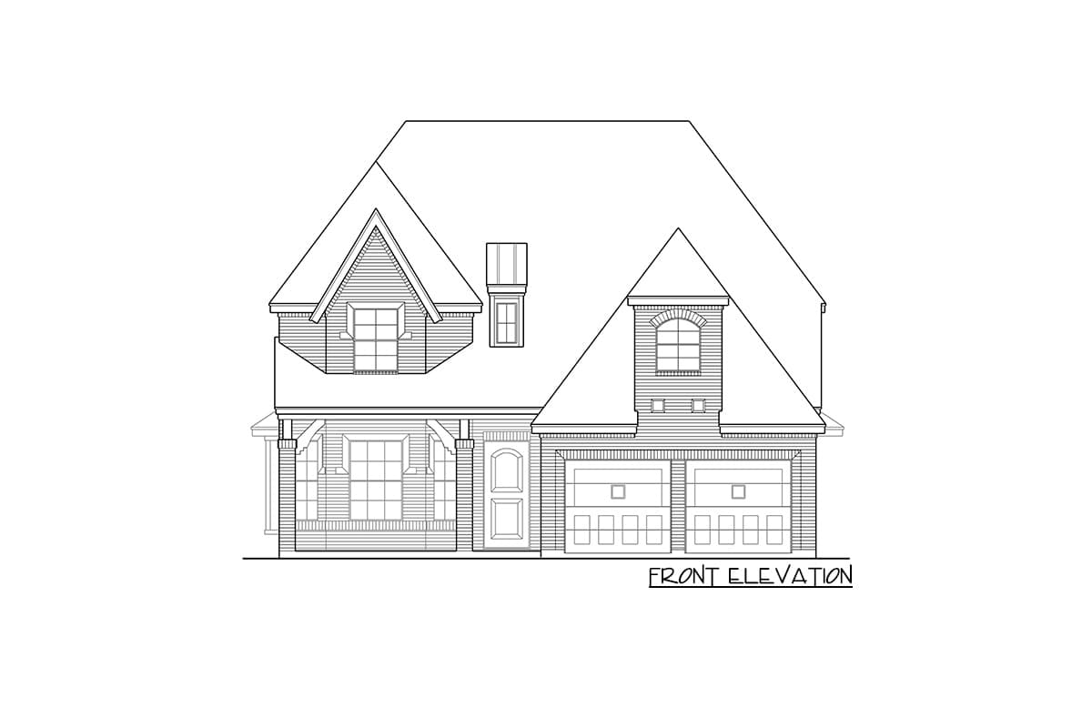 Front elevation drawing of a two-story house plan with gables, dormers, covered porch, and a two-car garage.