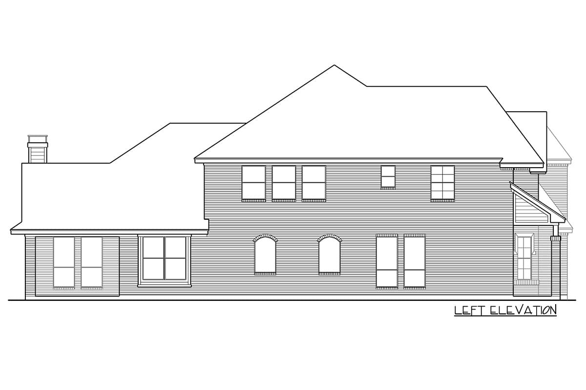Left elevation house plan with a prominent roofline, multiple windows, and a chimney.
