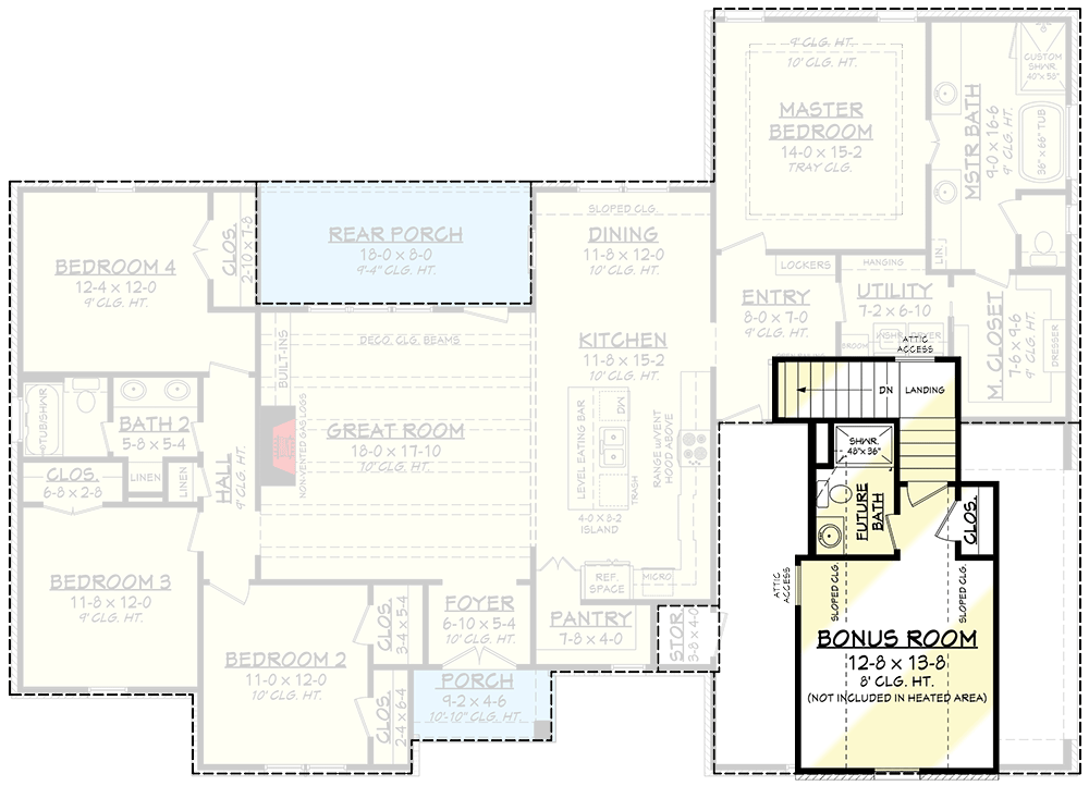 Plan 51837HZ: Split Bedroom New American House Plan with 8'-Deep Rear Porch - 2095 Sq Ft - Floor Plan - Bonus Level - Country, Craftsman, Farmhouse, French Country, New American