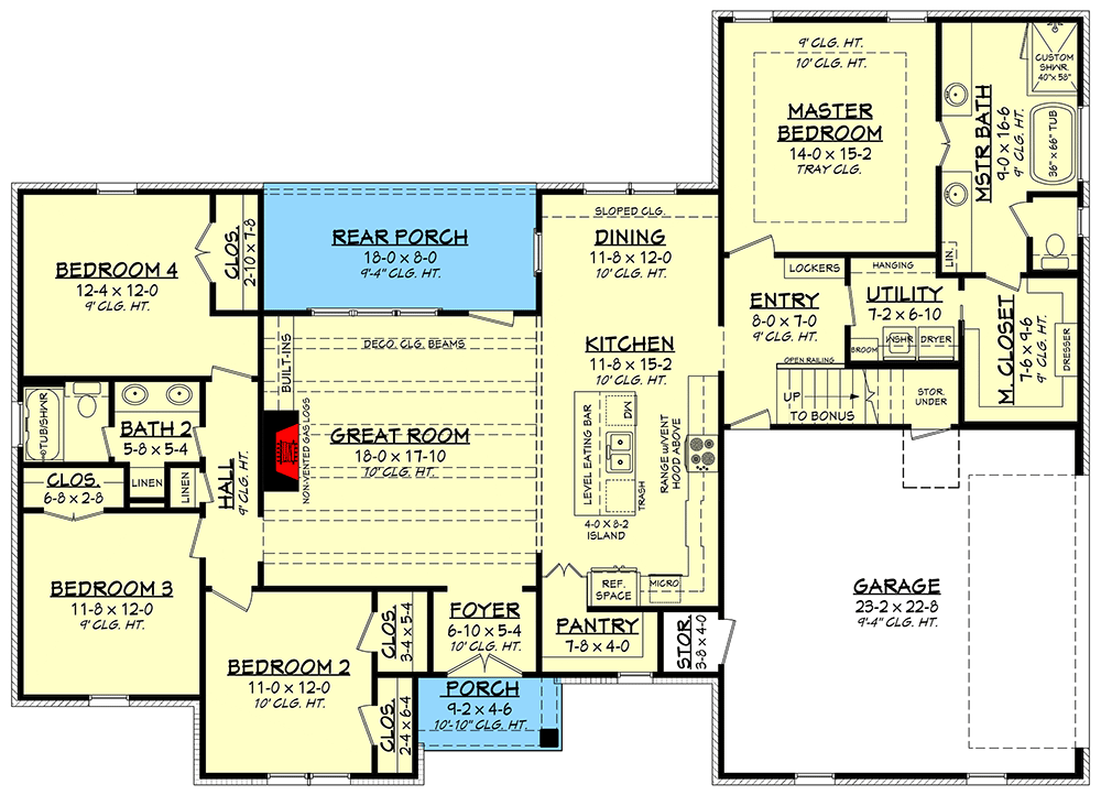 Plan 51837HZ: Split Bedroom New American House Plan with 8'-Deep Rear Porch - 2095 Sq Ft - Floor Plan - Main Level - Country, Craftsman, Farmhouse, French Country, New American