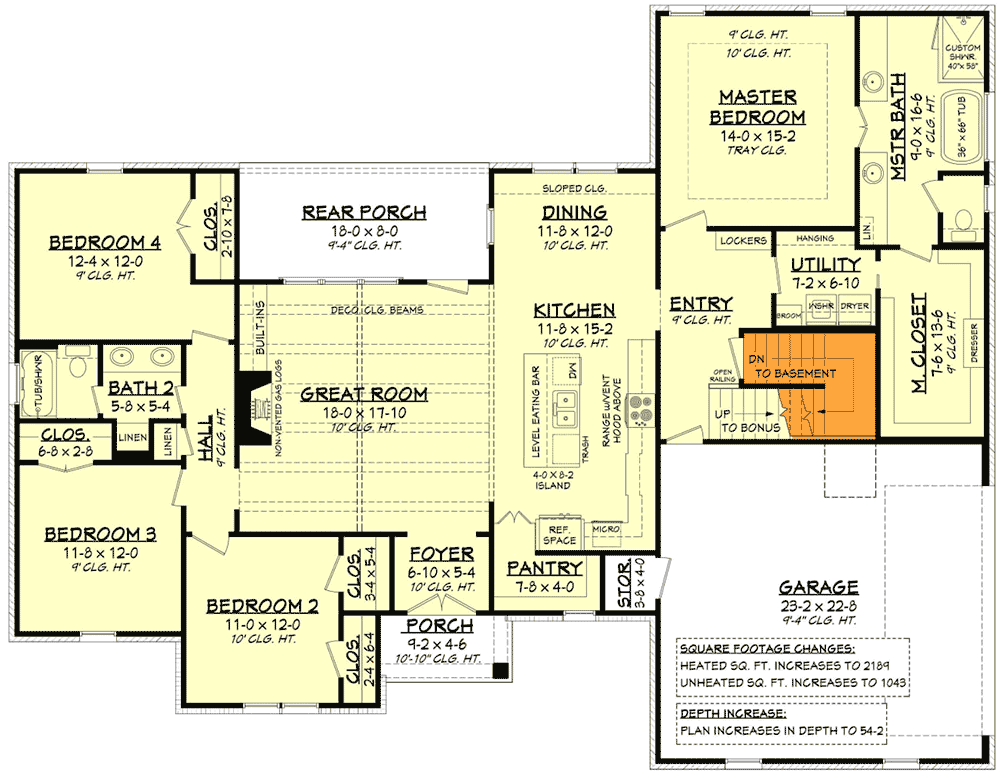 Plan 51837HZ: Split Bedroom New American House Plan with 8'-Deep Rear Porch - 2095 Sq Ft - Floor Plan - Main Level - Basement Stair Location - Country, Craftsman, Farmhouse, French Country, New American