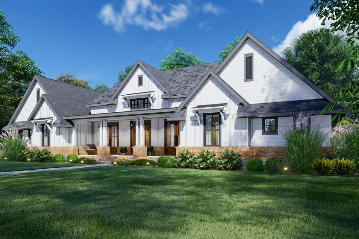 Modern Farmhouse house plan exterior with a covered porch, gables, and board and batten siding.