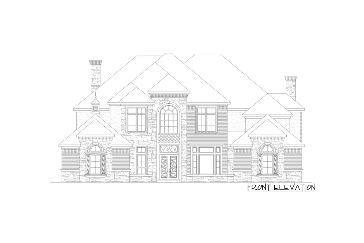 Front elevation drawing of a multi-story house with stone accents, prominent gables, and an arched central window above double doors.