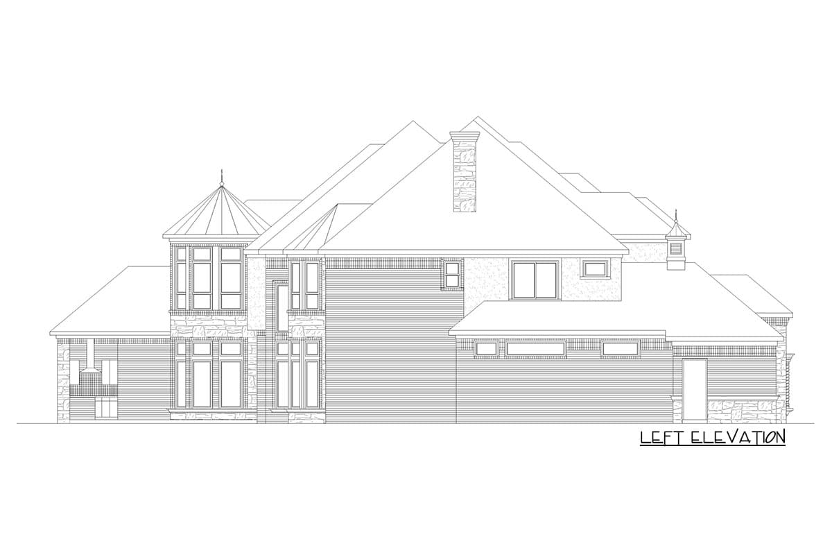 Left elevation house plan showing a multi-story home with stone accents, varied rooflines, and a turret feature.