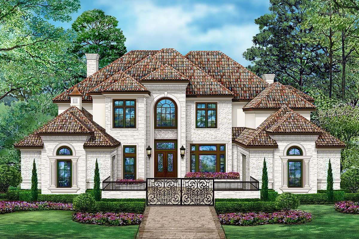 House plan exterior. Two-story Mediterranean style with a tile roof, arched windows, dormers, and a wrought-iron fence.