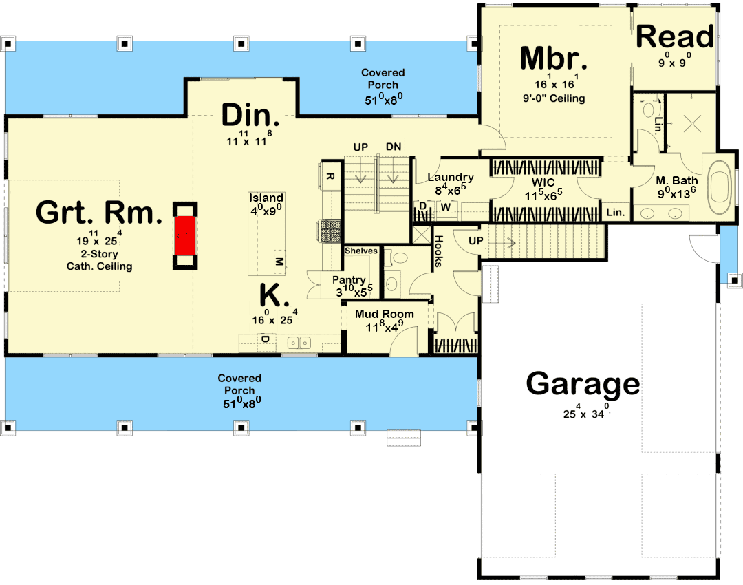 Plan 62873DJ: Modern Mountain House Plan with Great Room Open to Upstairs Loft - Floor Plan - Main Level - Barndominium, Craftsman, Mountain, Vacation