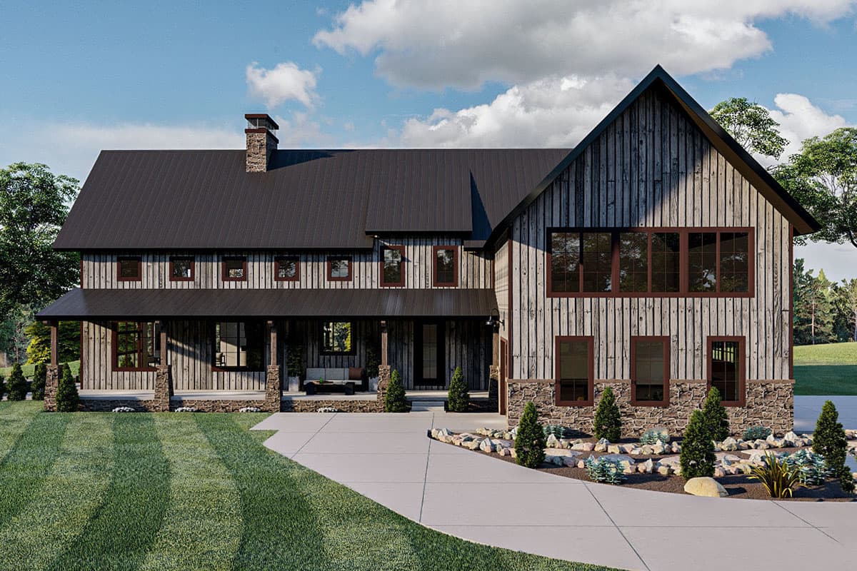 Modern Farmhouse house plan exterior with dark metal roof, wood siding, stone accents, and wraparound porch.