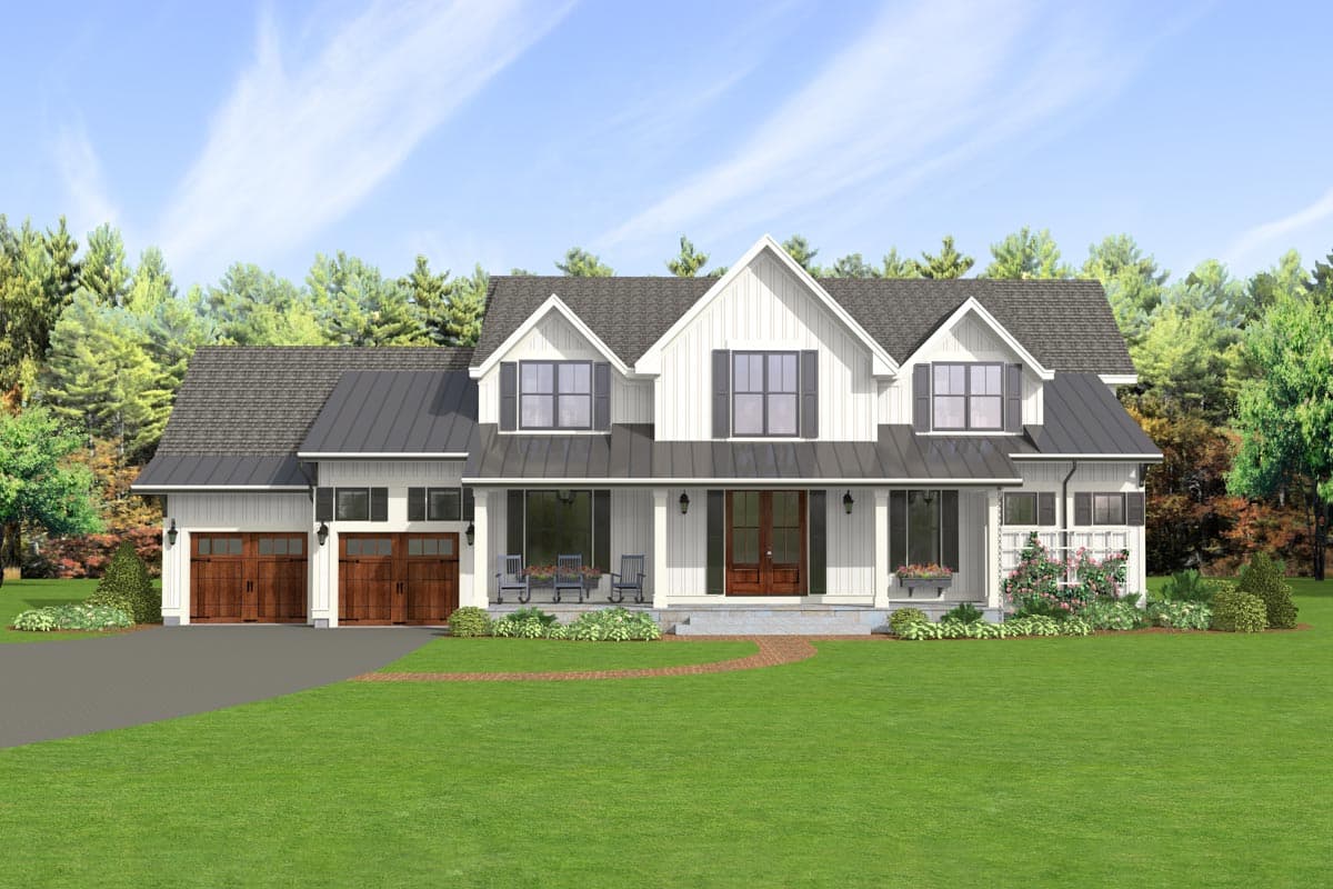 House plan exterior. Two-story Modern Farmhouse with a front porch, gables, and a detached two-car garage. Features dark gray metal roof and shutters.