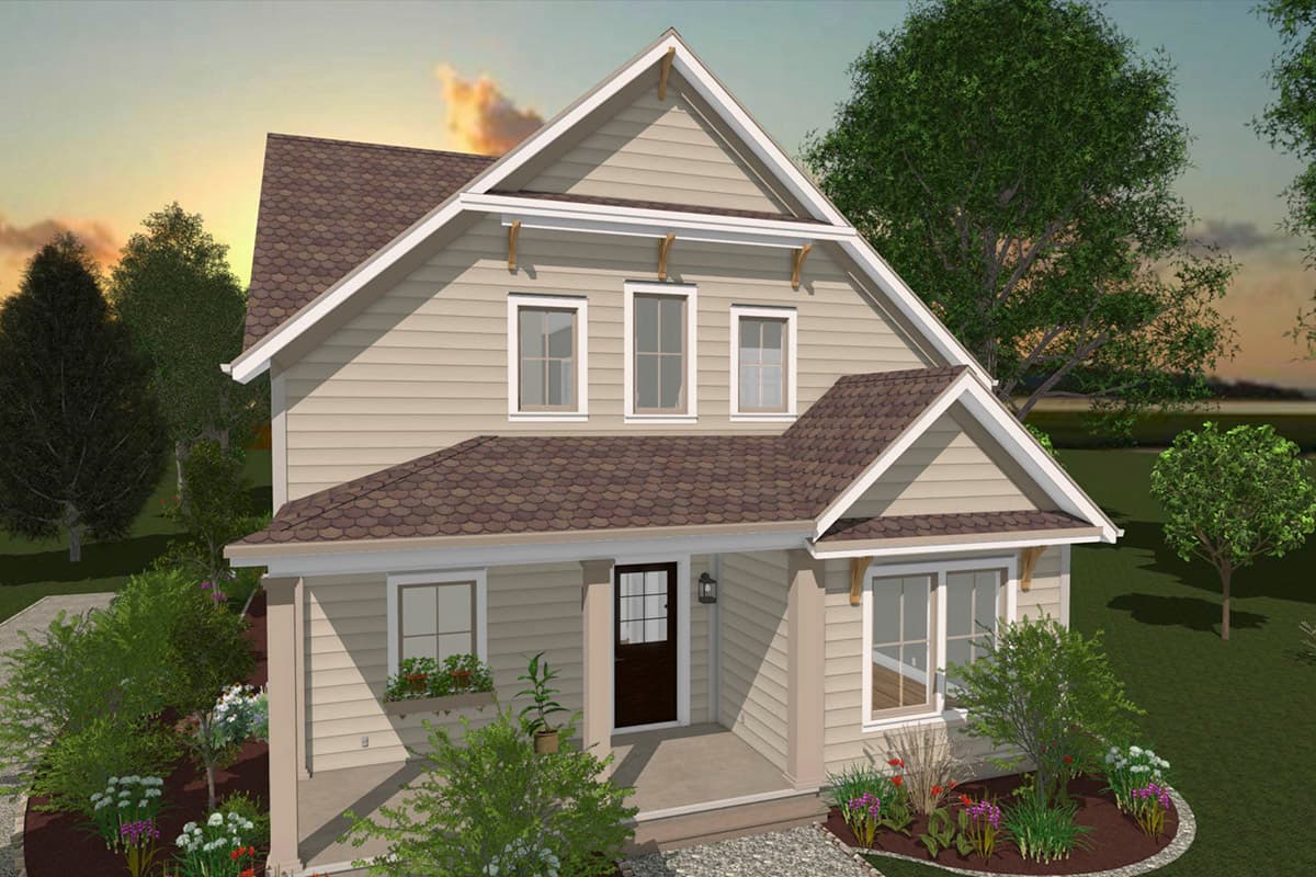 House plan exterior. Two-story Craftsman home with a front porch, gabled roof, and decorative corbels under the eaves.