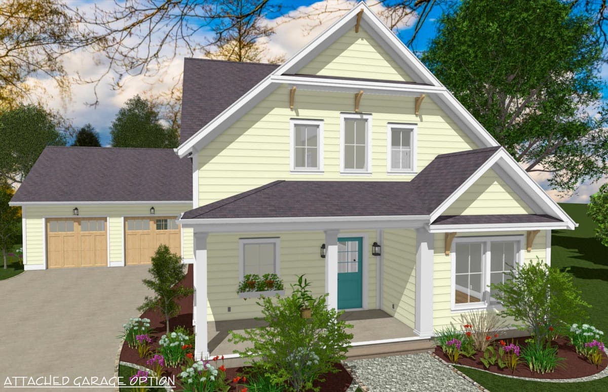 Modern Farmhouse house plan exterior: two stories, covered front porch, dormers, and attached two-car garage.