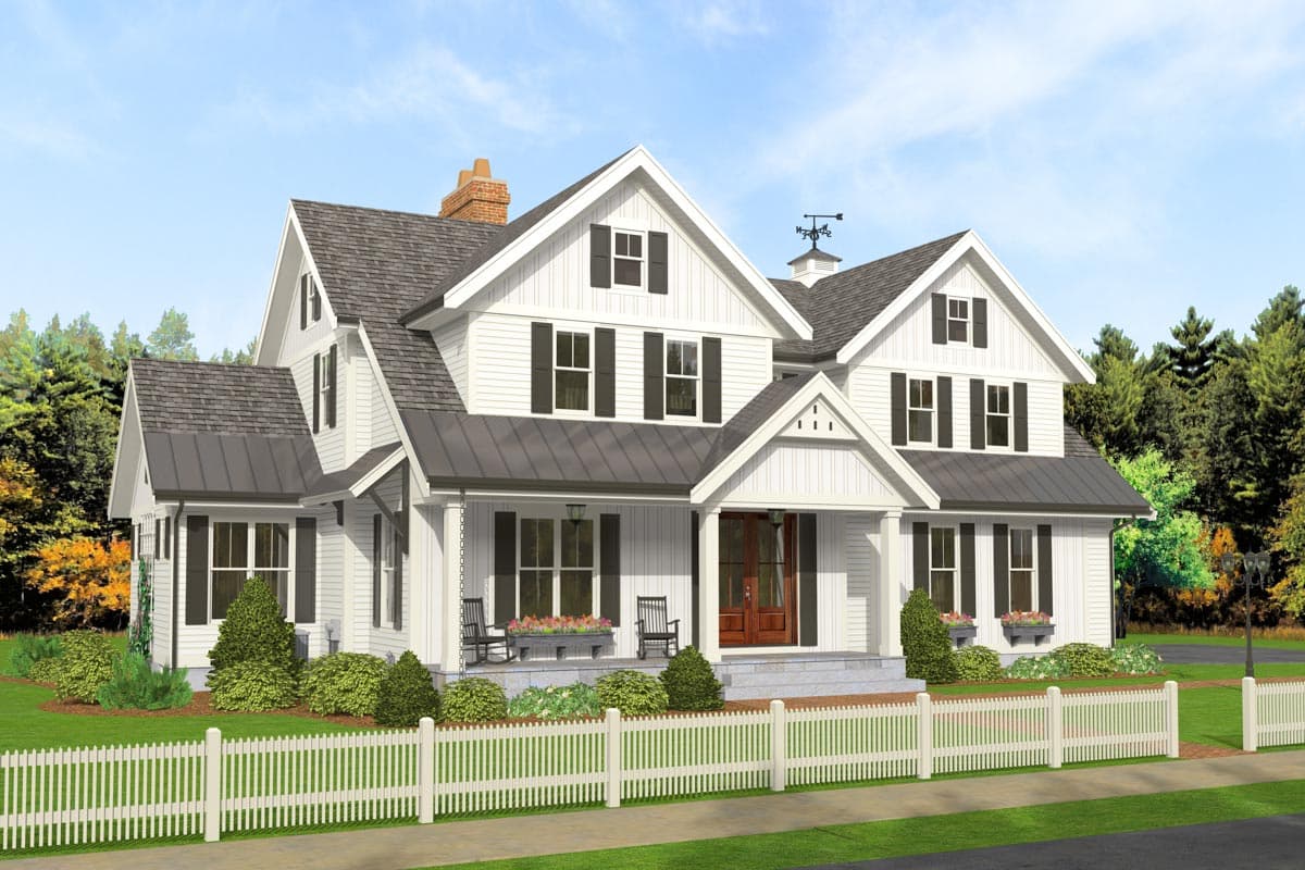 House plan exterior: Modern Farmhouse style, two stories, white siding, metal roof, prominent gables, and covered front porch.