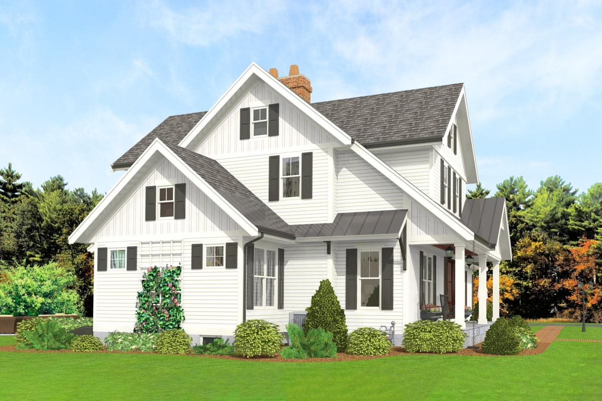 House plan exterior: Modern Farmhouse style, two stories, with gables, dormers, a wrap-around porch, and board-and-batten siding.