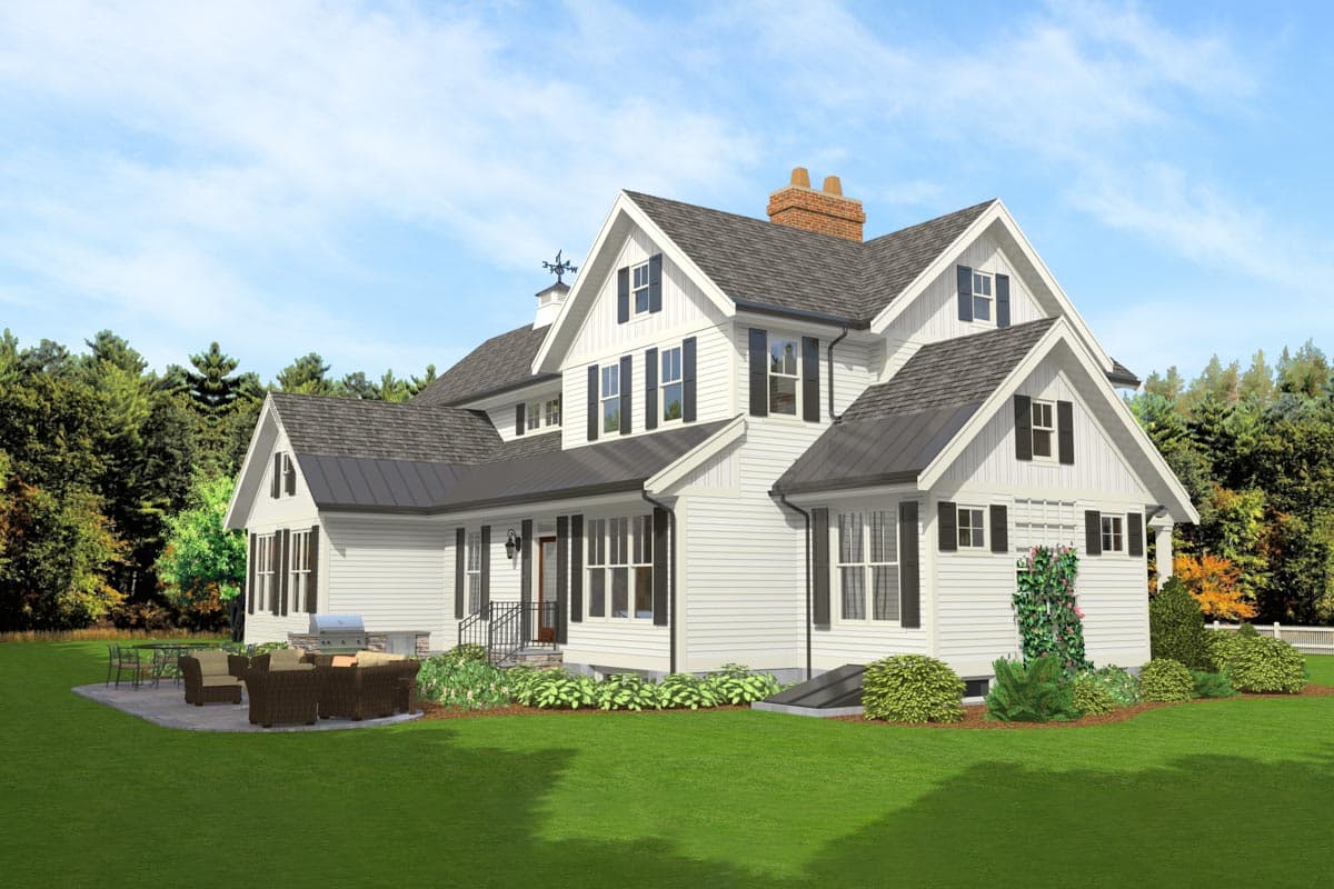 House plan exterior: Modern Farmhouse style, two stories, with gables, dormers, a covered porch, and multiple rooflines.