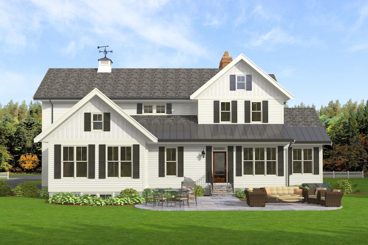 Modern Farmhouse house plan exterior with gables, dormers, metal roof, cupola with weather vane, and covered front porch.