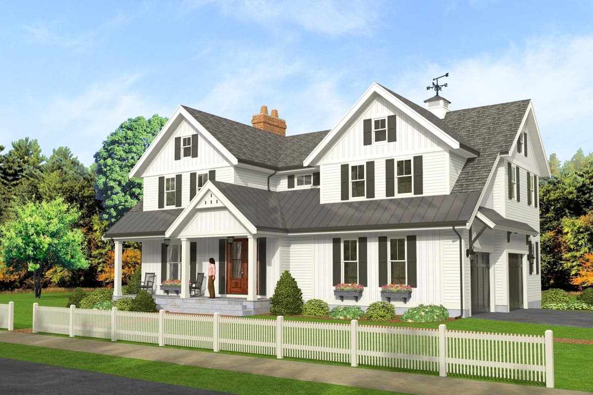 Modern Farmhouse house plan exterior with gables, covered front porch, metal roof, and attached garage.