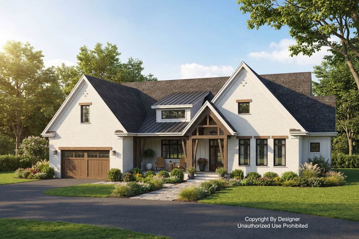 Modern Farmhouse house plan exterior with white brick, gables, a covered porch with timber posts, and a two-car garage.