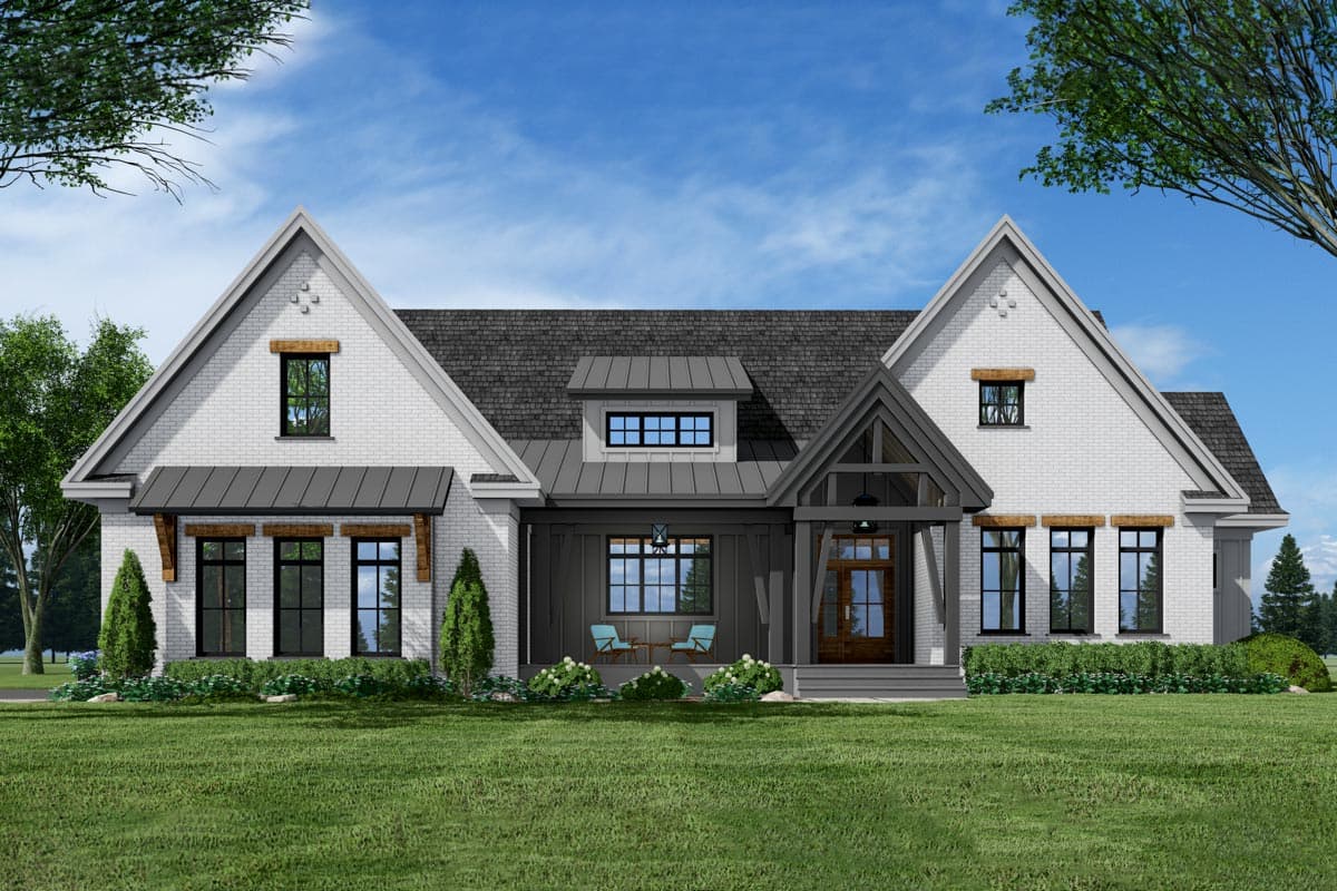House plan exterior. Two-story Modern Farmhouse with gabled roof, brick facade, covered porch, and metal awnings over windows.