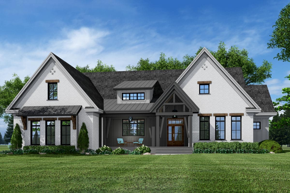 Modern Farmhouse house plan exterior with white brick, dark metal roof, gabled dormer, and covered porch with wooden beams.