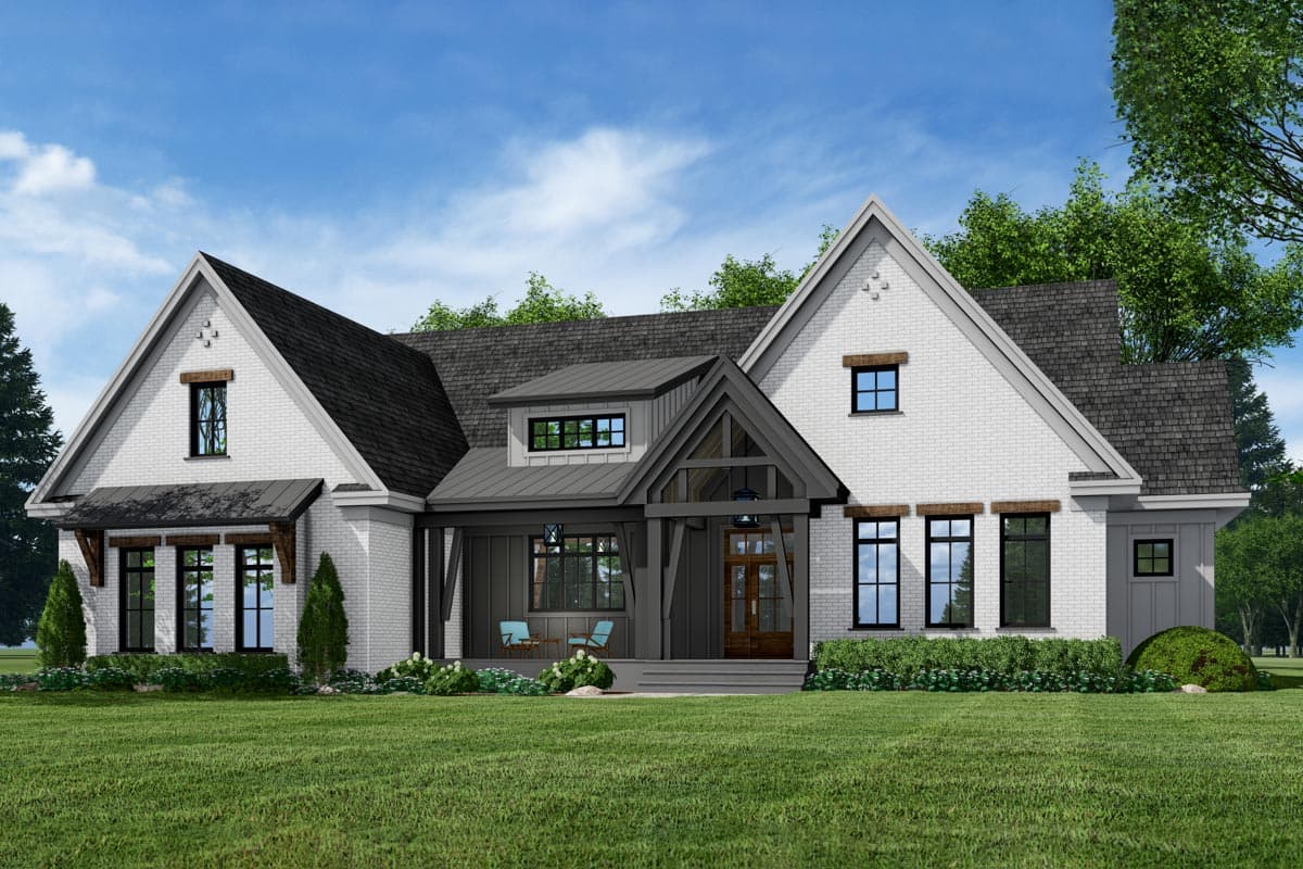 House plan exterior: Modern Farmhouse, two stories, white brick, gabled roof, covered front porch with timber accents.