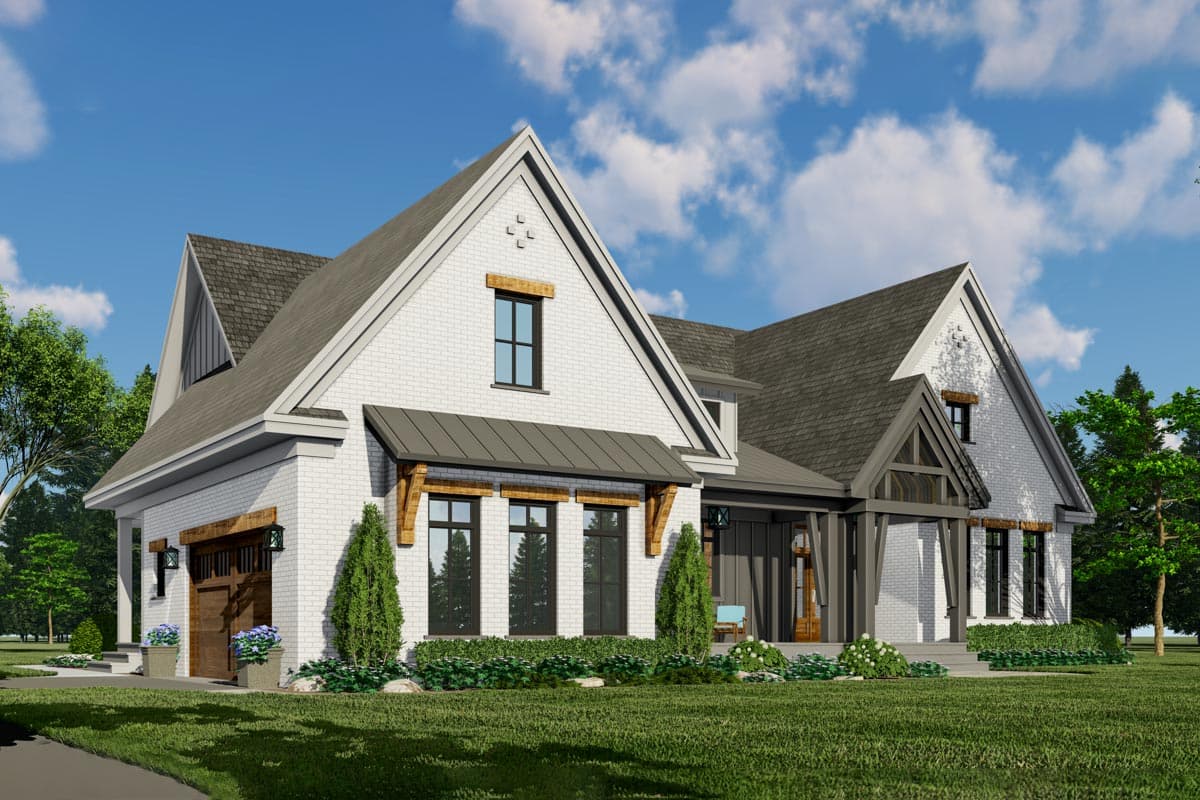 House plan exterior: Modern Farmhouse style, two stories, white brick, gabled roof, metal awnings, and a two-car garage.