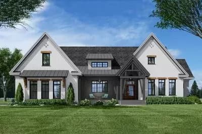 3-Bed New American Farmhouse Plan with Corner Covered Porch in Back