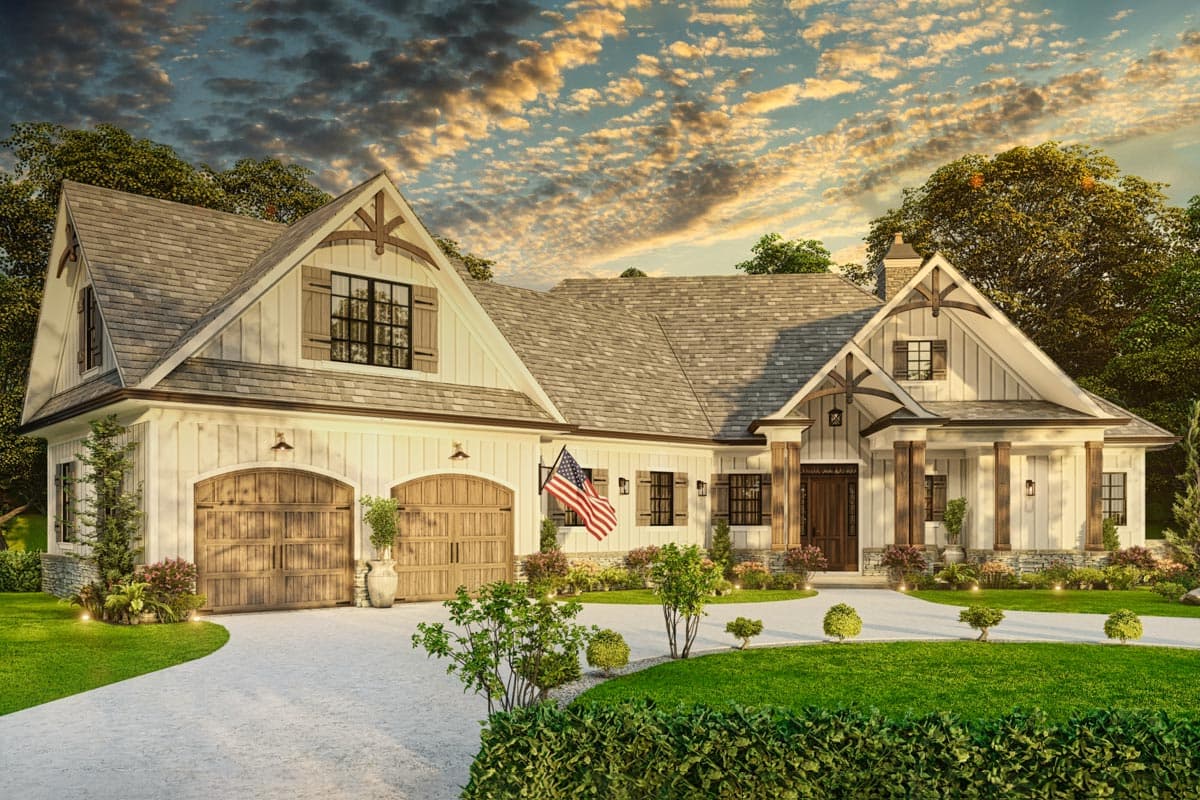 Modern Farmhouse house plan exterior with two garage doors, gables, decorative brackets, and a covered porch.
