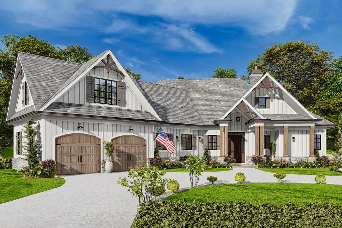 House plan exterior: Modern Farmhouse style, two-car garage, prominent gables with decorative trusses, and covered front entry.