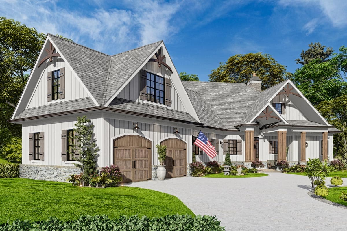 Modern Farmhouse house plan exterior with stone foundation, dual garage doors, gabled dormers, and exposed rafter tails.
