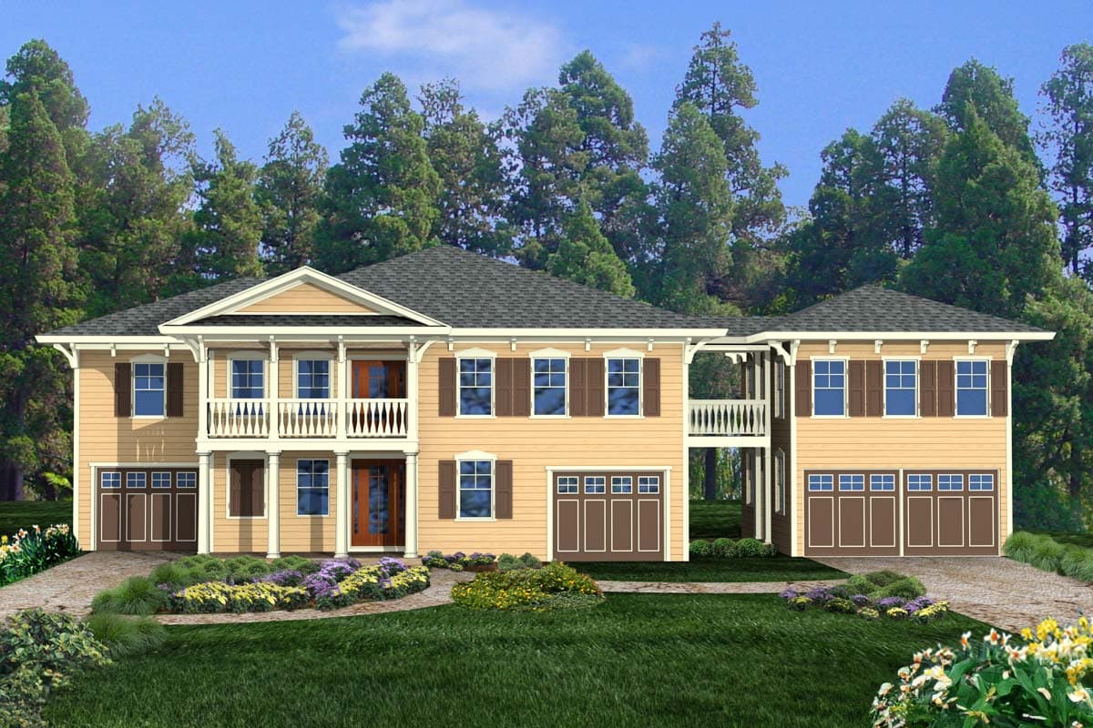House plan exterior with two stories. Features include a two-story porch, gabled roof, and multiple garage bays.