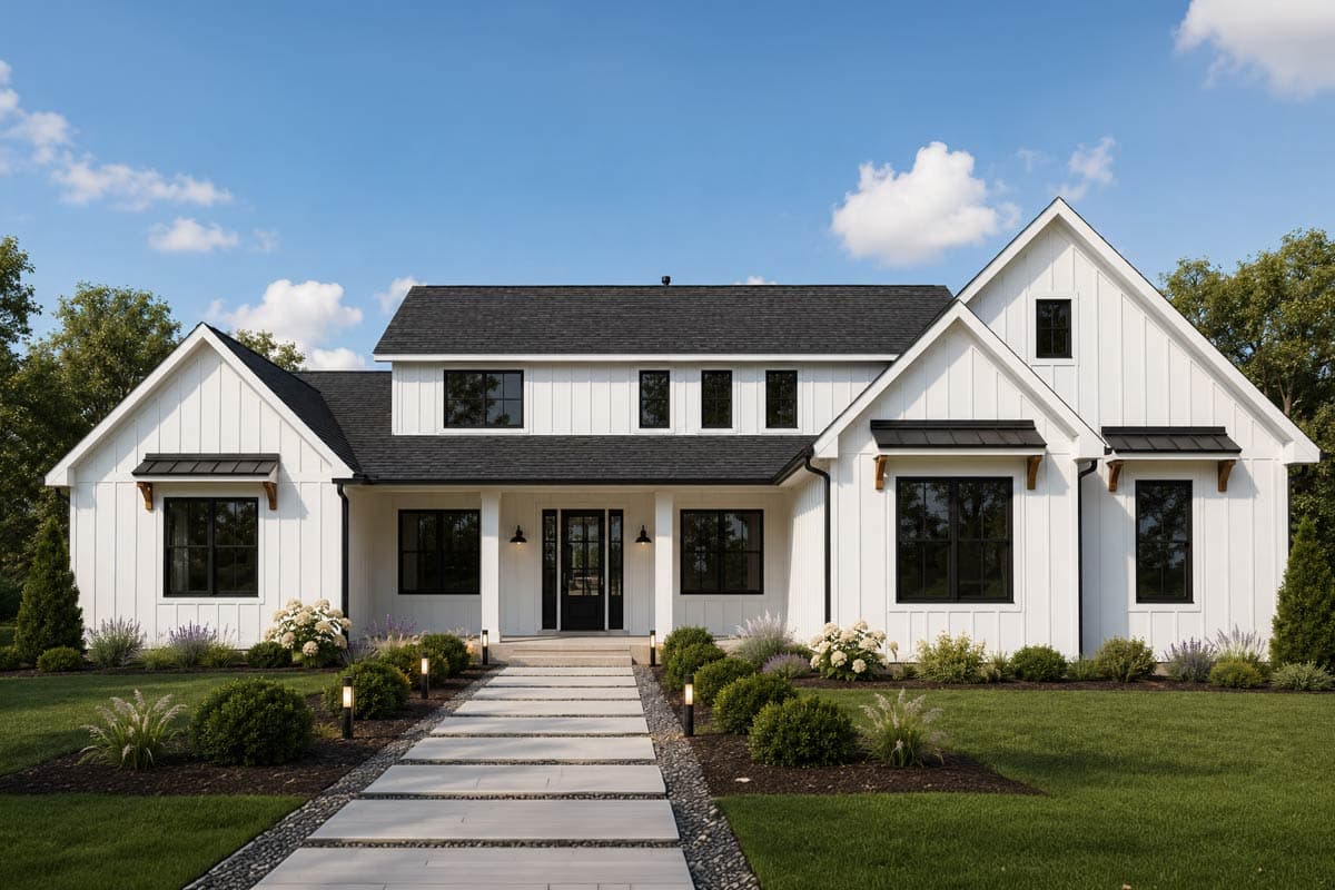 House plan exterior. Two-story Modern Farmhouse with gabled rooflines, dark trim windows, and a covered front entry porch.