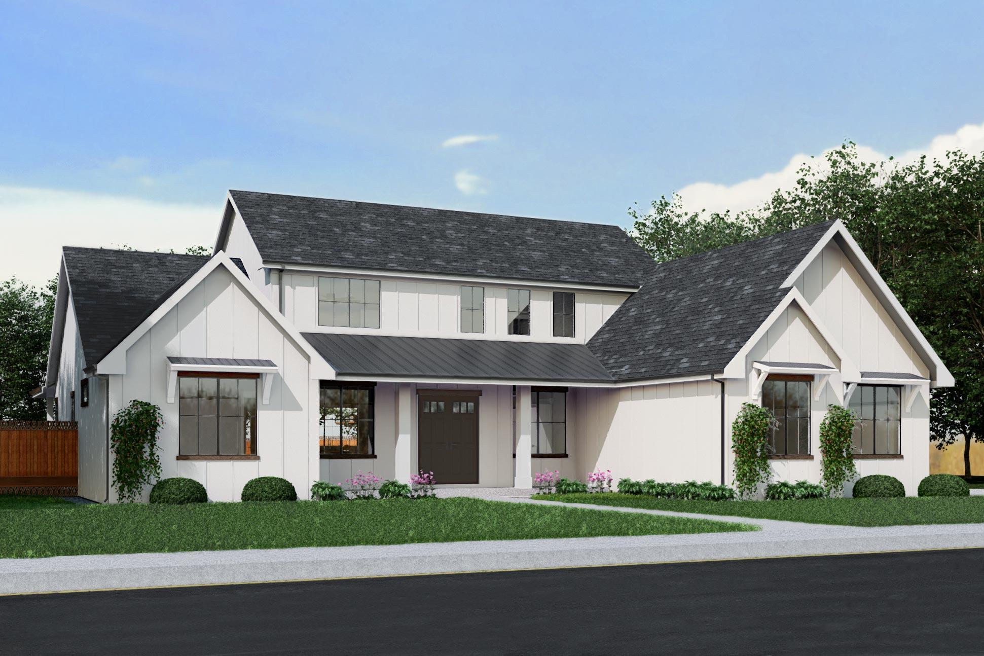 House plan exterior. Two-story Modern Farmhouse with gabled rooflines, dark trim windows, and a covered front entry porch.