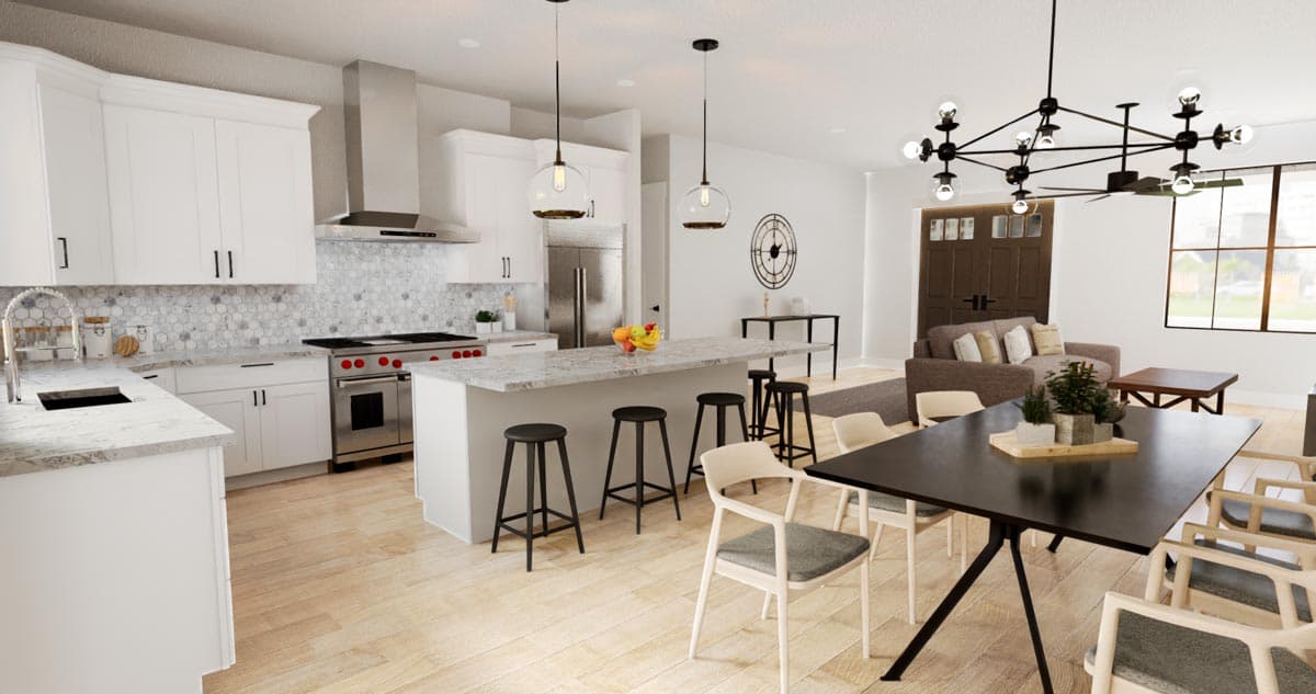 Modern open-concept interior rendering with kitchen island, dining area, and living space.