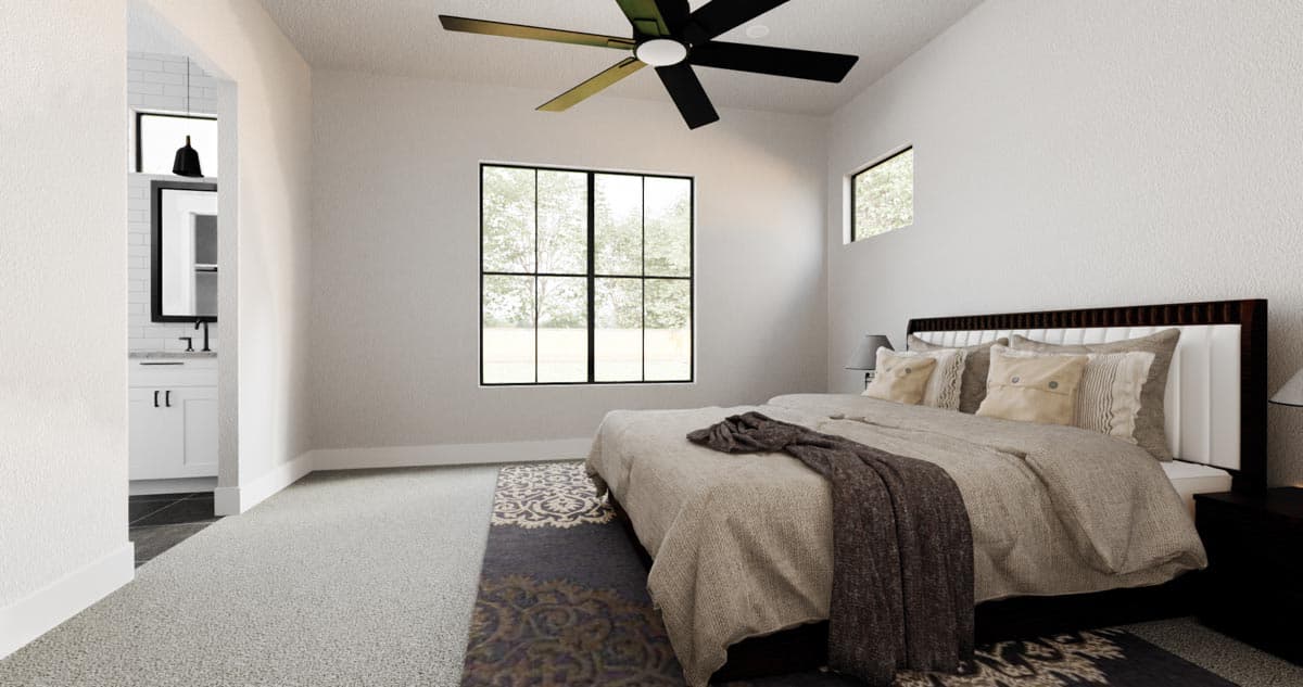 Bedroom rendering with vaulted ceiling, ceiling fan, large window, and en suite bathroom access.