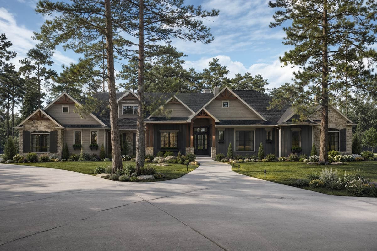 House plan exterior: Craftsman style, single-story with stone and siding, prominent gables, dormers, and covered entry.