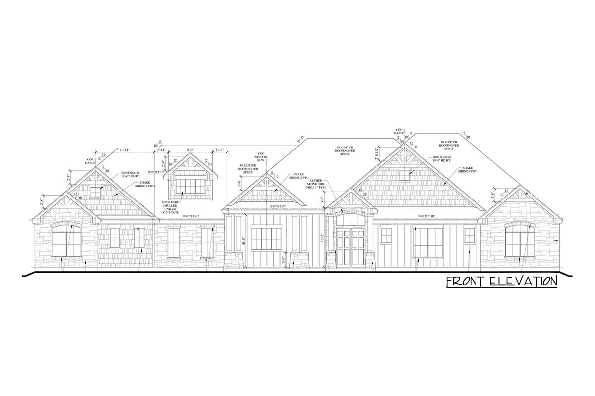Front elevation house plan showing stone and shake siding, multiple gables, and dormer windows.