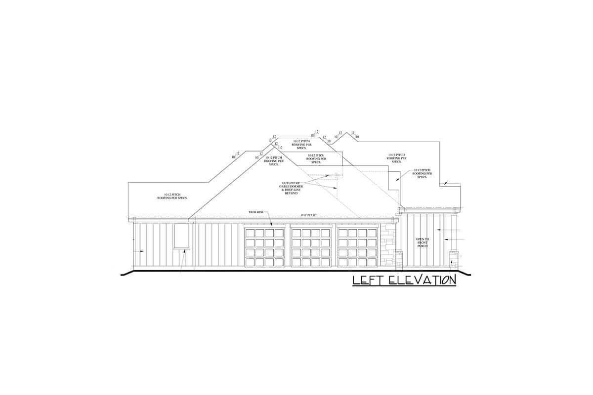Left elevation drawing showing a house with multiple rooflines, a large garage door, and an open front porch.