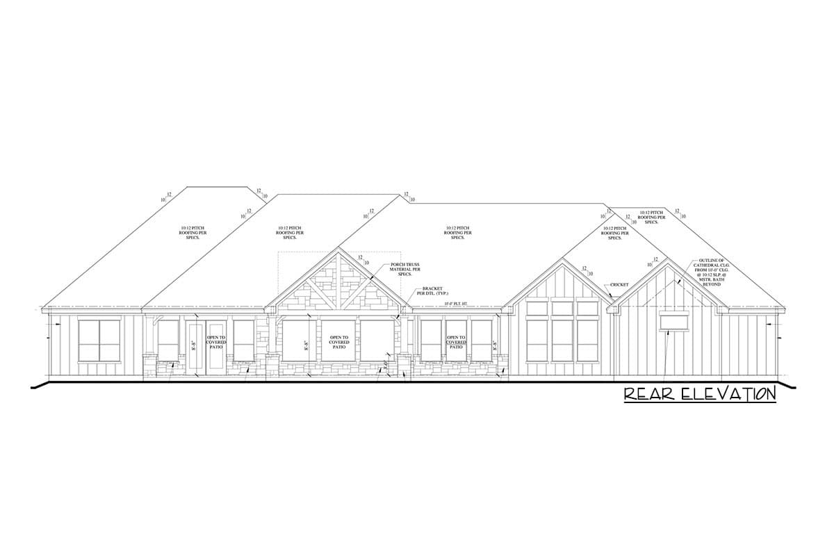 Rear elevation house plan featuring gables, stone accents, large windows, and covered patios with 10:12 roof pitch.