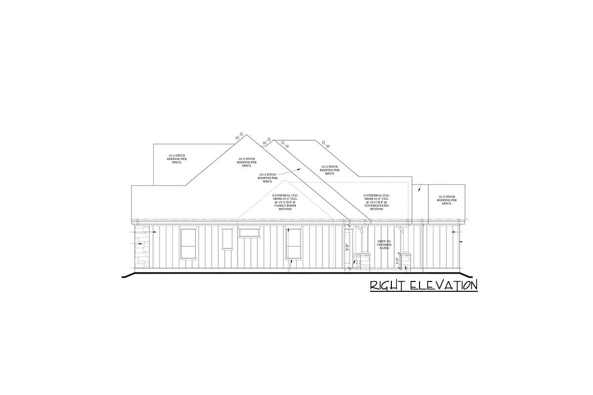 Right elevation house plan with vertical siding, multiple gables, and a covered patio. Includes roof pitch and ceiling height notes.